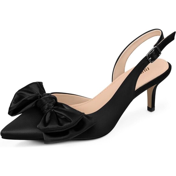 Women Black Slingback Kitten Heels Pointed Closed Toe Low Heel with Buckle - Picture 1 of 7